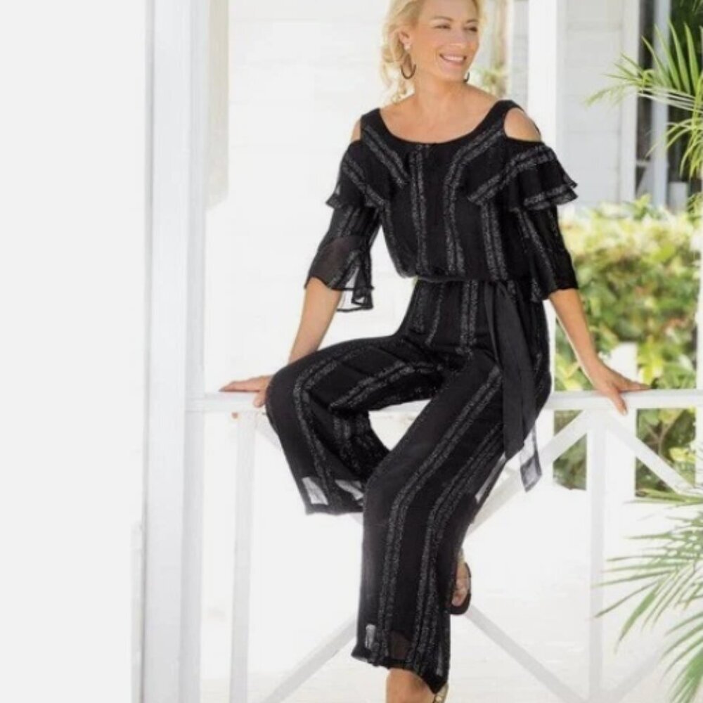 Soft Surroundings Sz Petite Small Black Metallic Thread Avedon Cropped Jumpsuit
